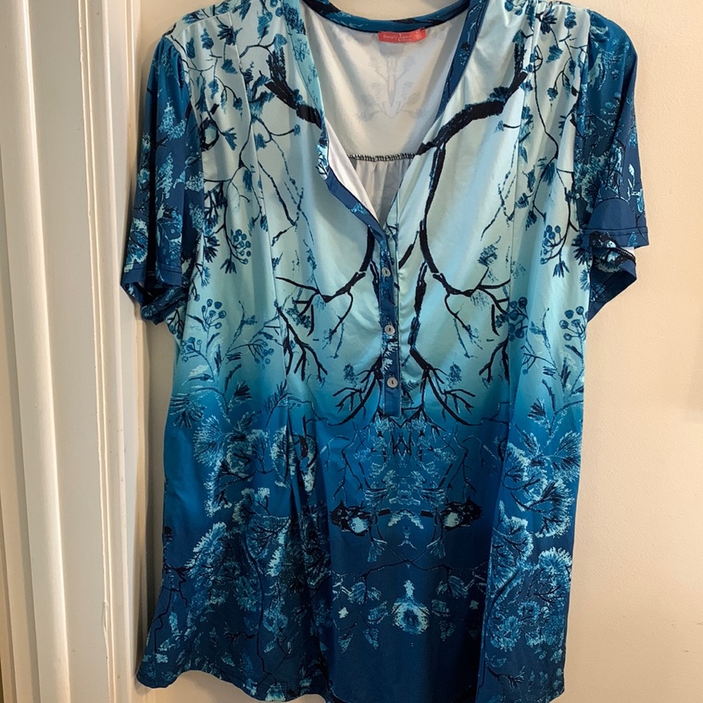 Simply Aster 4x artsy top tunic blue green branches and flowers